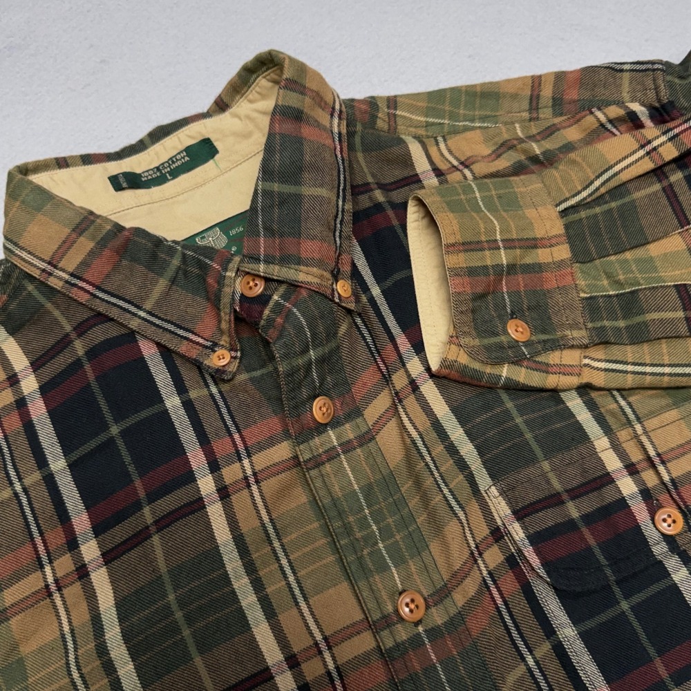 Orvis Mens Large Green Tan Plaid Cotton Button Down Shirt Vintage